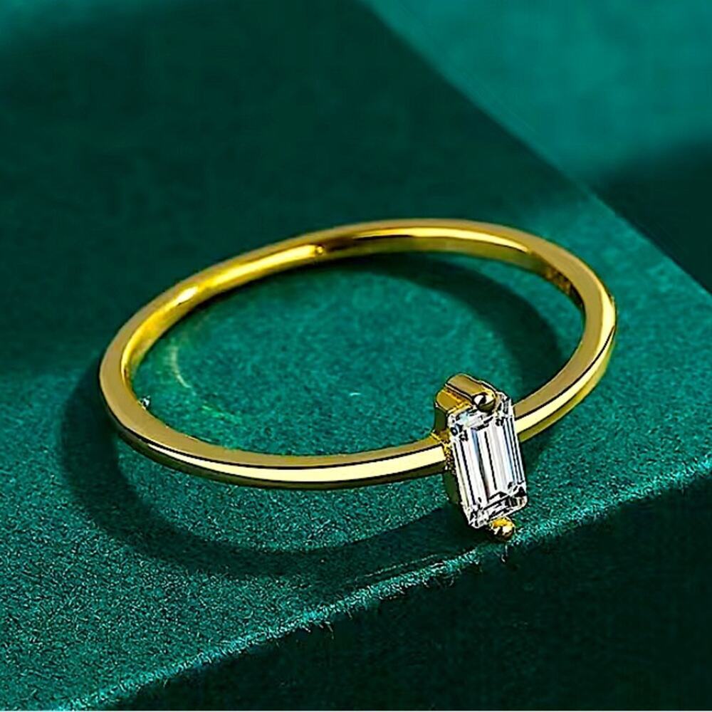 Gold Rectangular Cubic Zircon Ring Minimalist, Dainty Diamond